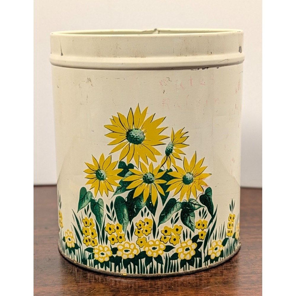 Vintage Sunflower Floral Metal Tin Canister No Lid Farmhouse Yellow Green Decor